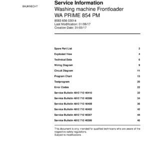 Bauknecht wa prime 854 pm service manual cover washing machine, model type and code, publication date, manual contents.