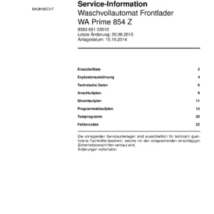 Bauknecht wa prime 854 z deckblatt der serviceanleitung washing machine, model type and code, publication date, manual contents.