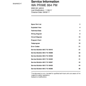 Bauknecht wa prime 864 pm service manual cover washing machine, model type and code, publication date, manual contents.