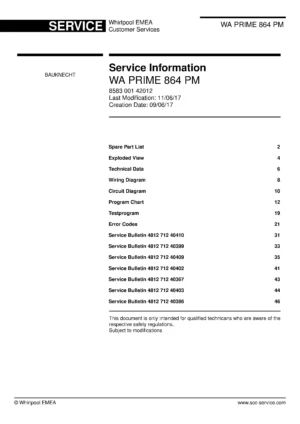 Bauknecht wa prime 864 pm service manual cover washing machine, model type and code, publication date, manual contents.