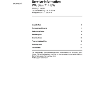 Bauknecht wa slim 714 bw deckblatt der serviceanleitung washing machine, model type and code, publication date, manual contents.