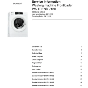 Bauknecht wa trend 7180 service manual cover with photograph of the washing machine, model type and code, publication date, manual contents.