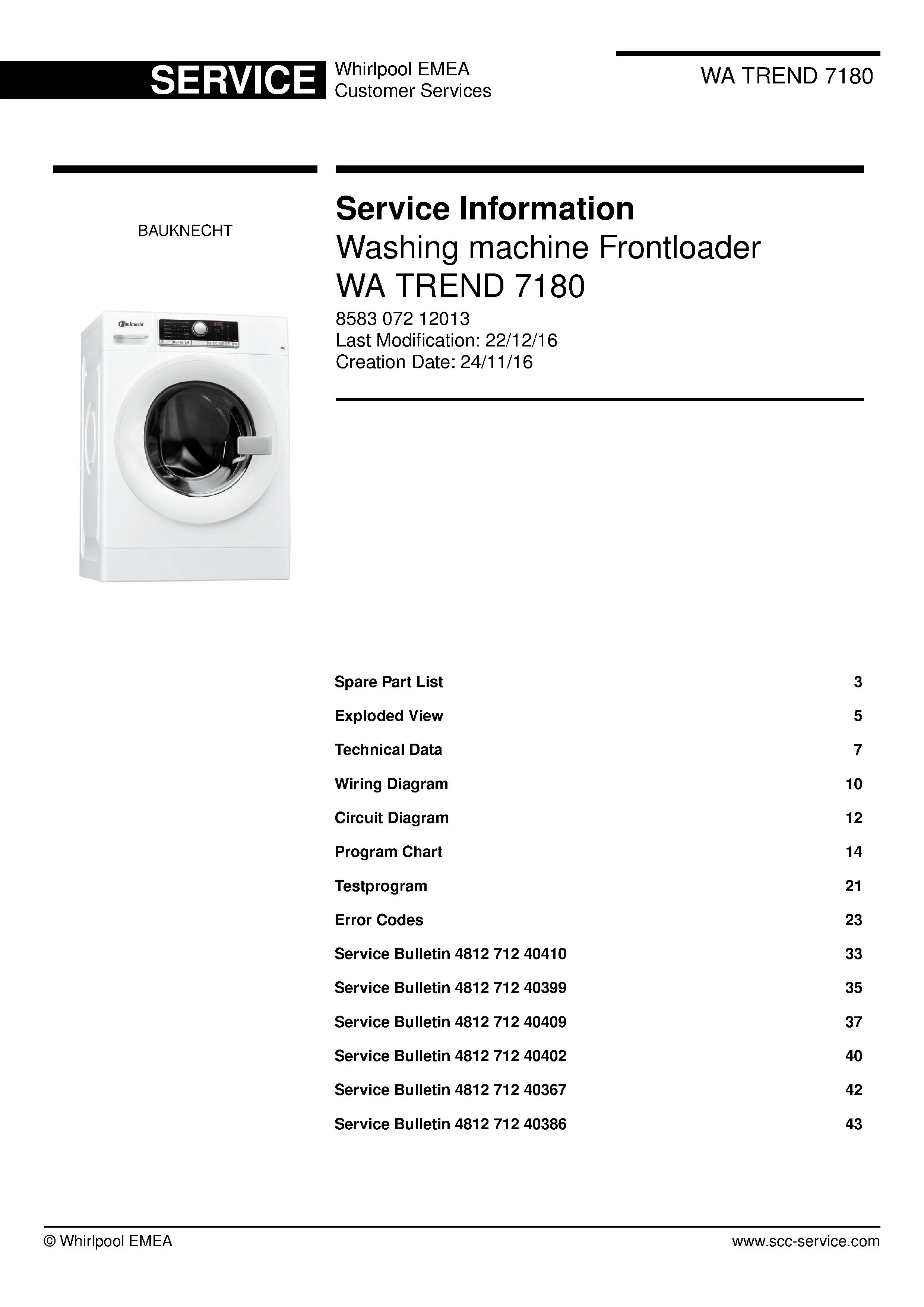 Bauknecht wa trend 7180 service manual cover washing machine, model type and code, publication date, manual contents.
