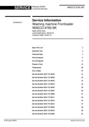 Bauknecht waeco 8760 bk service manual cover washing machine, model type and code, publication date, manual contents.
