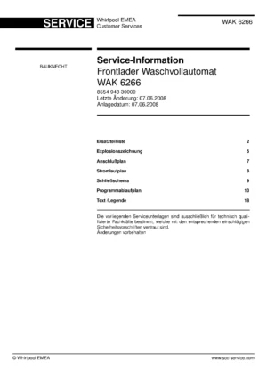 Bauknecht wak 6266 deckblatt der serviceanleitung washing machine, model type and code, publication date, manual contents.