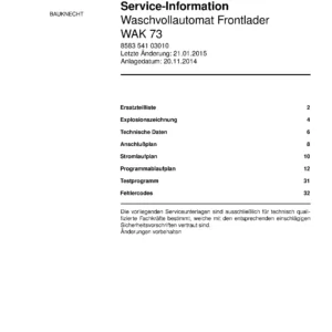 Bauknecht wak 73 deckblatt der serviceanleitung washing machine, model type and code, publication date, manual contents.
