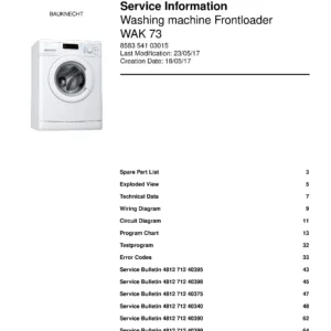 Bauknecht wak 73 service manual cover washing machine, model type and code, publication date, manual contents.