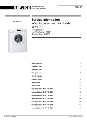 Bauknecht wak 73 service manual cover washing machine, model type and code, publication date, manual contents.