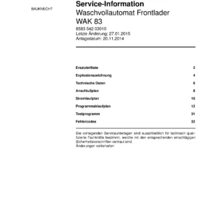 Bauknecht wak 83 deckblatt der serviceanleitung washing machine, model type and code, publication date, manual contents.