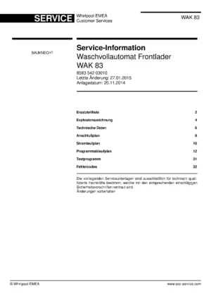 Bauknecht wak 83 deckblatt der serviceanleitung washing machine, model type and code, publication date, manual contents.