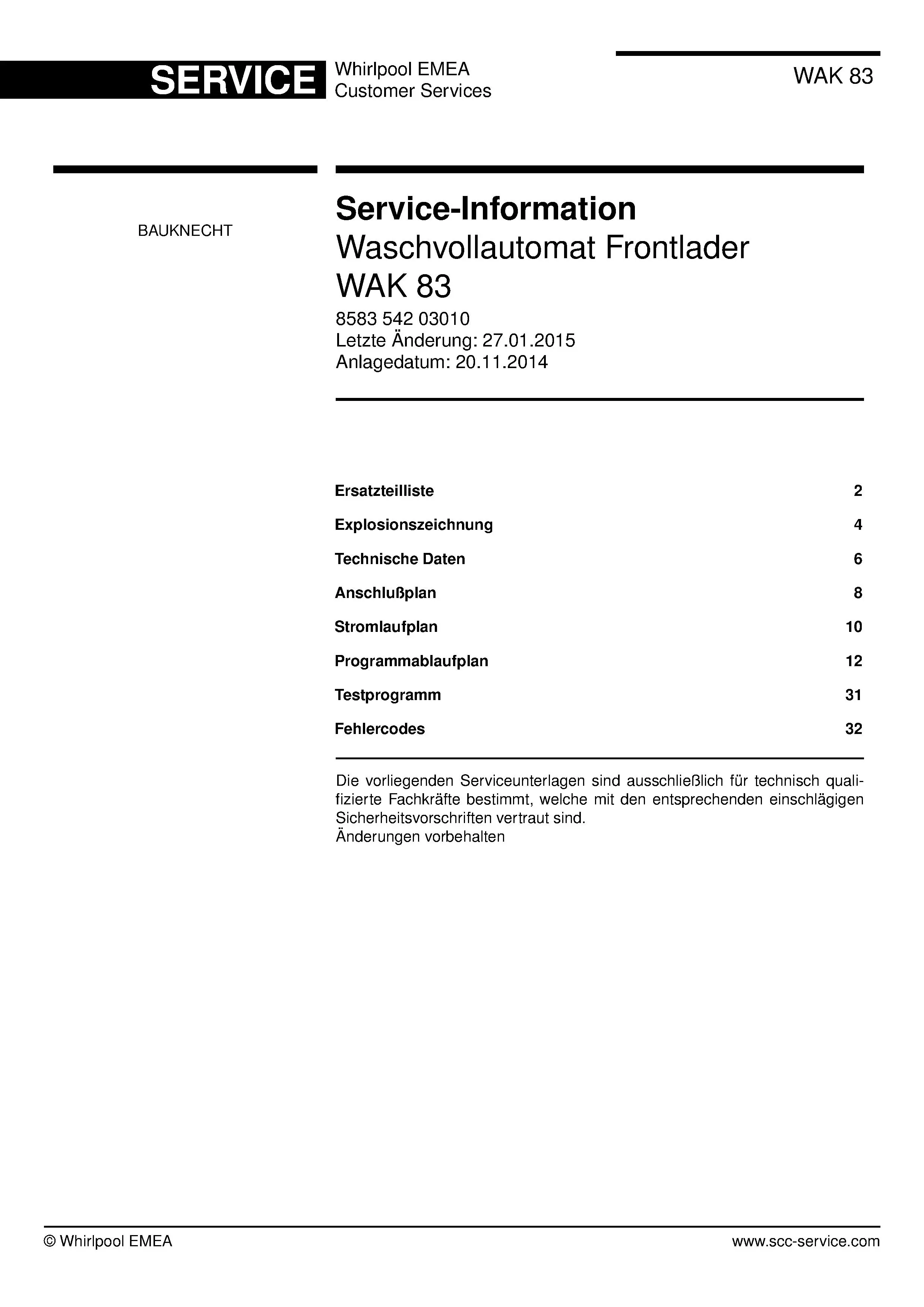 Bauknecht wak 83 deckblatt der serviceanleitung washing machine, model type and code, publication date, manual contents.