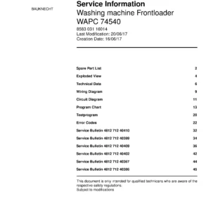Bauknecht wapc 74540 service manual cover washing machine, model type and code, publication date, manual contents.