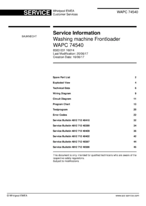 Bauknecht wapc 74540 service manual cover washing machine, model type and code, publication date, manual contents.