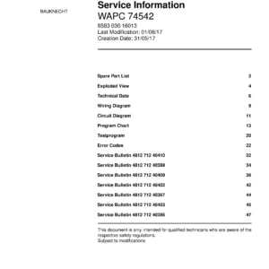 Bauknecht wapc 74542 service manual cover washing machine, model type and code, publication date, manual contents.