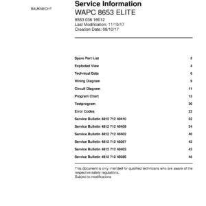 Bauknecht wapc 8653 elite service manual cover washing machine, model type and code, publication date, manual contents.