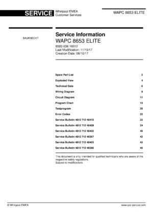 Bauknecht wapc 8653 elite service manual cover washing machine, model type and code, publication date, manual contents.