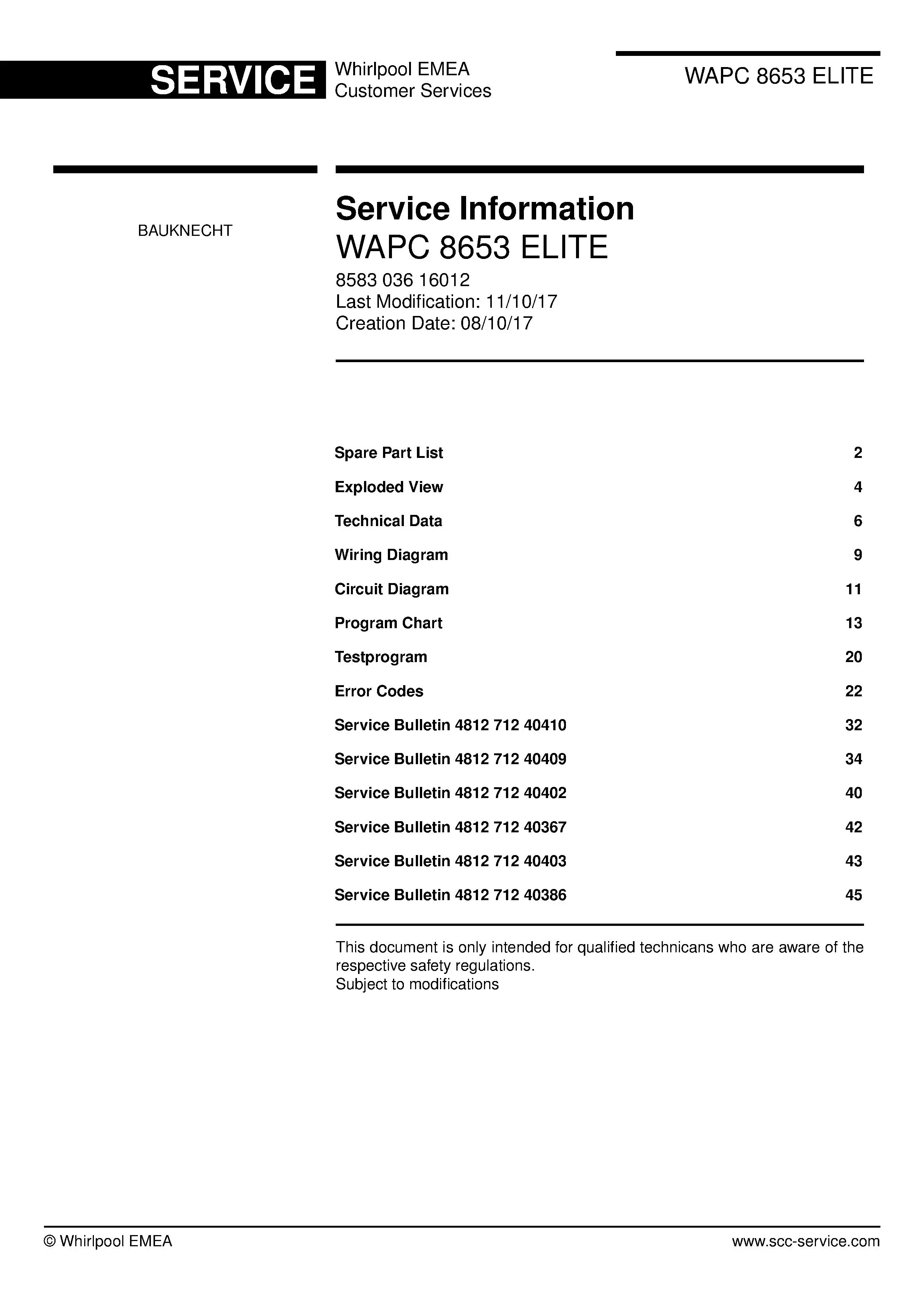 Bauknecht wapc 8653 elite service manual cover washing machine, model type and code, publication date, manual contents.