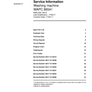 Bauknecht wapc 86541 service manual cover washing machine, model type and code, publication date, manual contents.