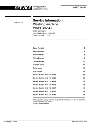 Bauknecht wapc 86541 service manual cover washing machine, model type and code, publication date, manual contents.