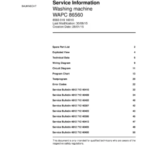 Bauknecht wapc 86560 service manual cover washing machine, model type and code, publication date, manual contents.