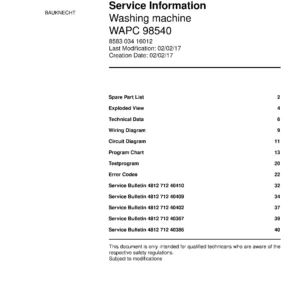 Bauknecht wapc 98540 service manual cover washing machine, model type and code, publication date, manual contents.