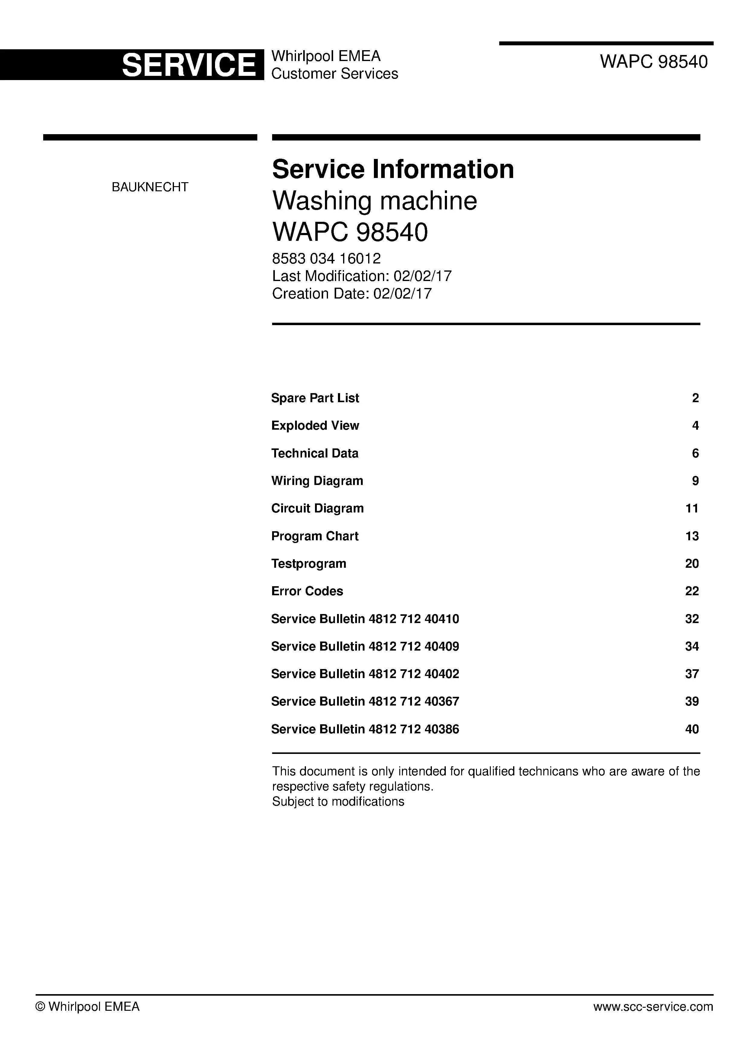 Bauknecht wapc 98540 service manual cover washing machine, model type and code, publication date, manual contents.