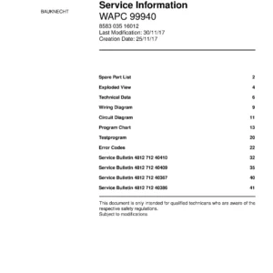 Bauknecht wapc 99940 service manual cover washing machine, model type and code, publication date, manual contents.