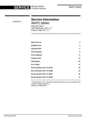Bauknecht wapc 99940 service manual cover washing machine, model type and code, publication date, manual contents.