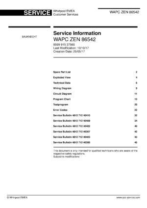 Bauknecht wapc zen 86542 service manual cover washing machine, model type and code, publication date, manual contents.