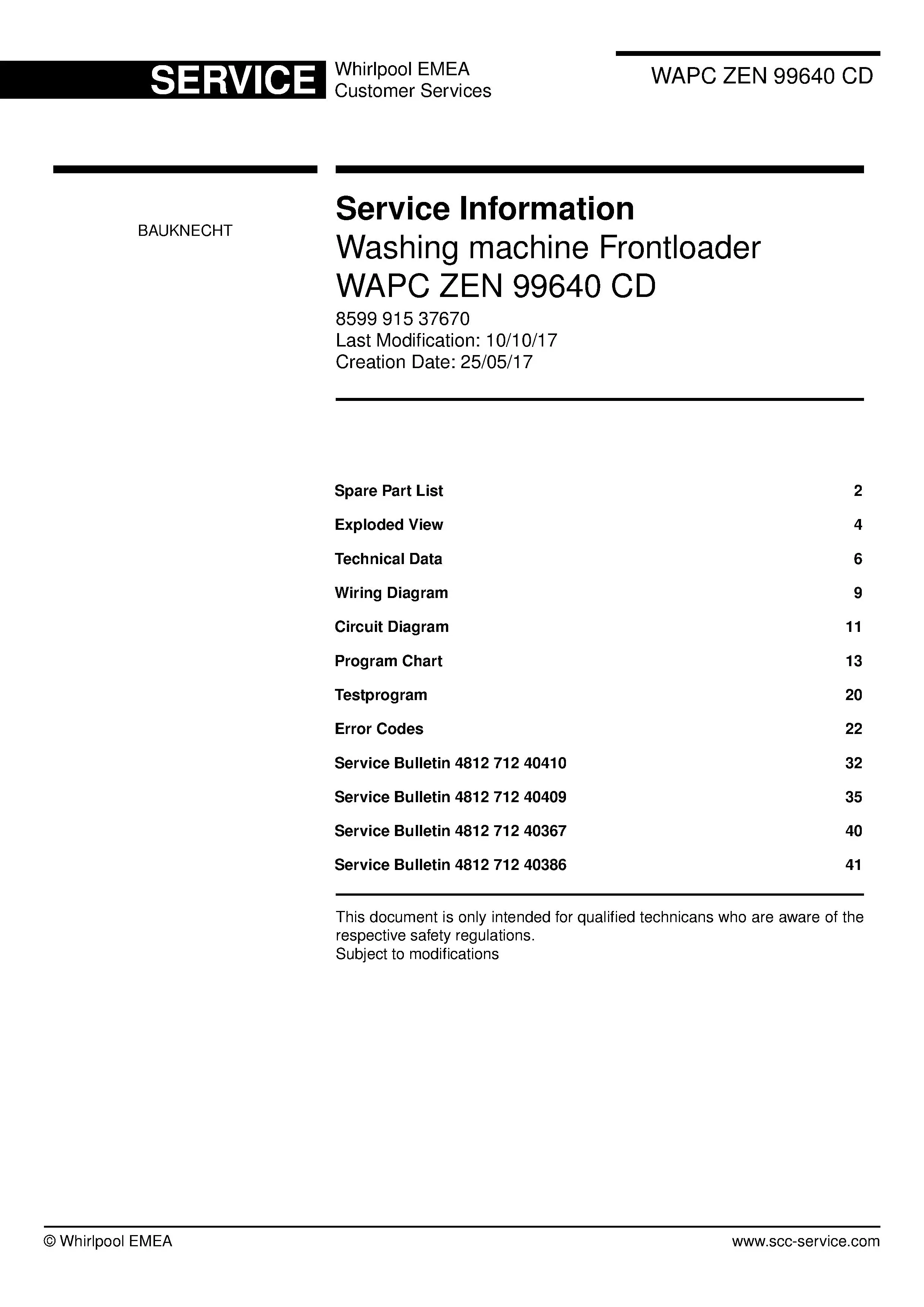 Bauknecht wapc zen 99640 cd service manual cover washing machine, model type and code, publication date, manual contents.