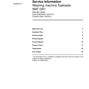 Bauknecht wat dr1 dr1 1 deckblatt der serviceanleitung washing machine, model type and code, publication date, manual contents.