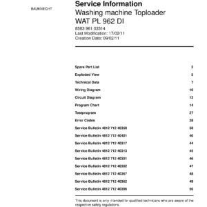 Bauknecht wat pl 962 di service manual cover washing machine, model type and code, publication date, manual contents.