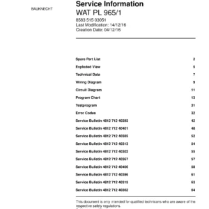 Bauknecht wat pl 965 1 service manual cover washing machine, model type and code, publication date, manual contents.