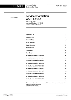 Bauknecht wat pl 965 1 service manual cover washing machine, model type and code, publication date, manual contents.