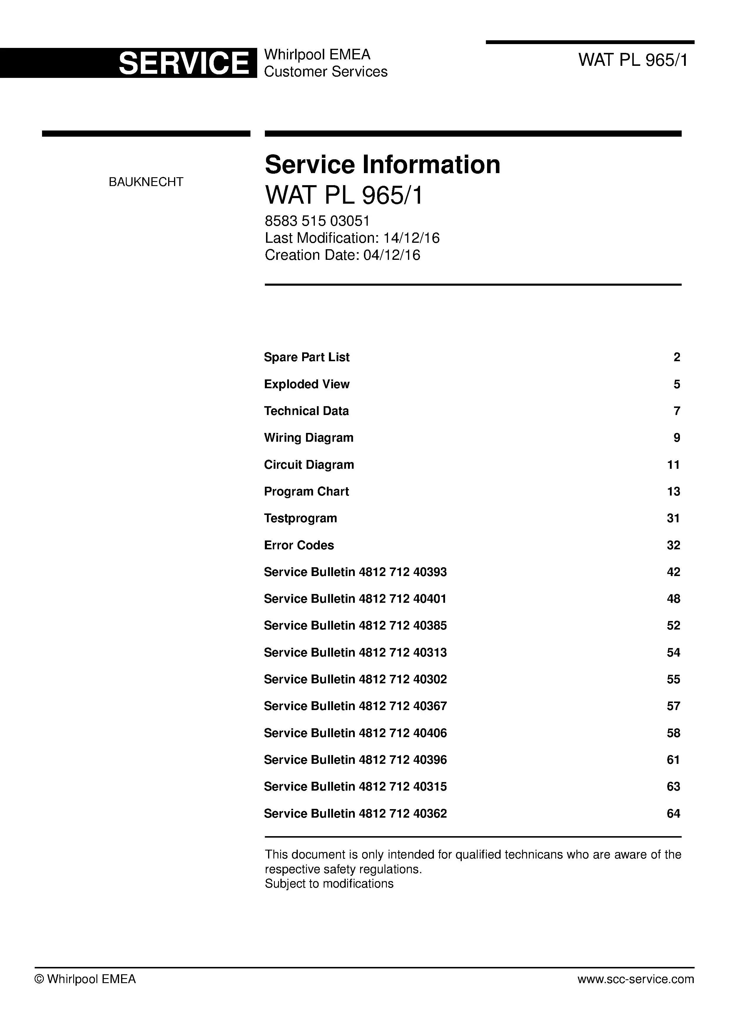 Bauknecht wat pl 965 1 service manual cover washing machine, model type and code, publication date, manual contents.