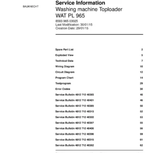 Bauknecht wat pl 965 service manual cover washing machine, model type and code, publication date, manual contents.