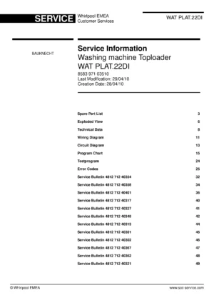 Bauknecht wat plat 22di service manual cover washing machine, model type and code, publication date, manual contents.