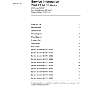 Bauknecht wat plat.62 a service manual cover washing machine, model type and code, publication date, manual contents.
