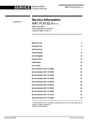 Bauknecht wat plat.62 a service manual cover washing machine, model type and code, publication date, manual contents.