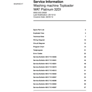 Bauknecht wat platinum 32di service manual cover washing machine, model type and code, publication date, manual contents.