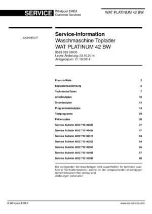 Bauknecht wat platinum 42 bw deckblatt der serviceanleitung washing machine, model type and code, publication date, manual contents.