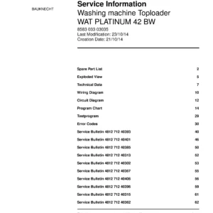 Bauknecht wat platinum 42 bw service manual cover washing machine, model type and code, publication date, manual contents.