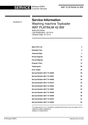 Bauknecht wat platinum 42 bw service manual cover washing machine, model type and code, publication date, manual contents.