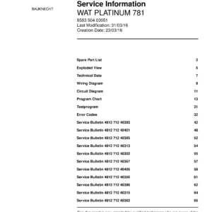 Bauknecht wat platinum 781 service manual cover washing machine, model type and code, publication date, manual contents.