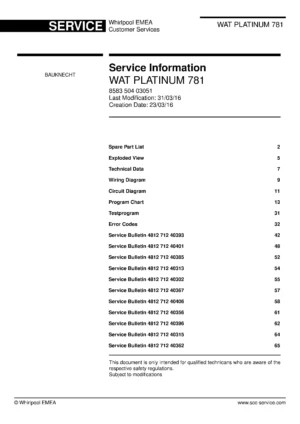 Bauknecht wat platinum 781 service manual cover washing machine, model type and code, publication date, manual contents.
