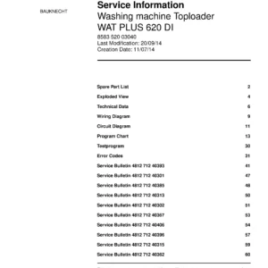 Bauknecht wat plus 620 di service manual cover washing machine, model type and code, publication date, manual contents.