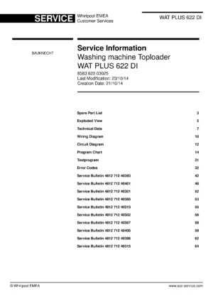Bauknecht wat plus 622 di service manual cover washing machine, model type and code, publication date, manual contents.