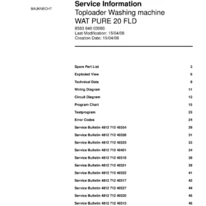 Bauknecht wat pure 20 fld service manual cover washing machine, model type and code, publication date, manual contents.