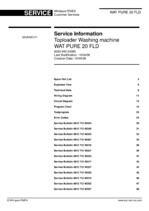 Bauknecht wat pure 20 fld service manual cover washing machine, model type and code, publication date, manual contents.
