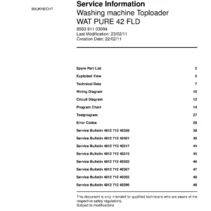 Bauknecht wat pure 42 fld service manual cover washing machine, model type and code, publication date, manual contents.